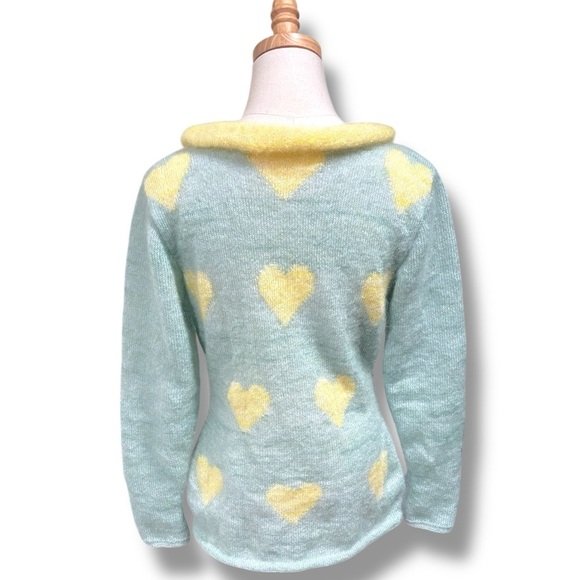 Vintage Retro Handknit Mohair Heart Pattern Sweater Buttercup Yellow Mint Green - Picture 4 of 8